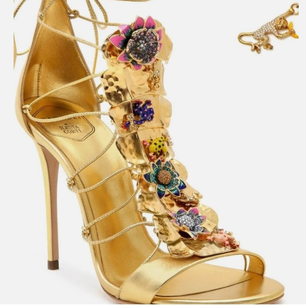 Casadei Gold Floral Embellished Metallic Leather Stiletto Sandal